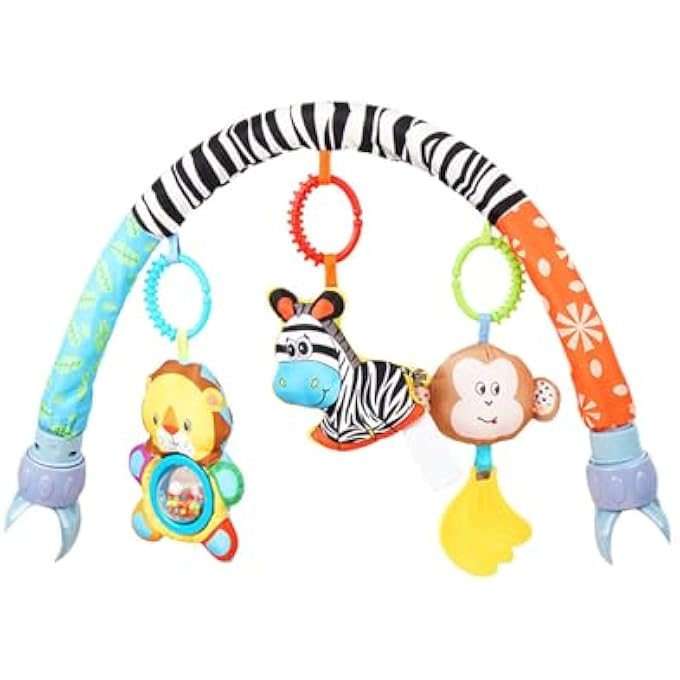 BABY STROLLER TOY BAR| SENSORY HANGING TOYS FOR BABY BOUNCER & STROLLER ARCH| 3PCS SOFT CLOTH ANIMAL ARCH WITH RATTLE, MUSIC BOX & BIBI| INFANT TRAVEL PLAY FOR MOTOR DEVELOPMENT (L70CM,H24CM) - Image 1