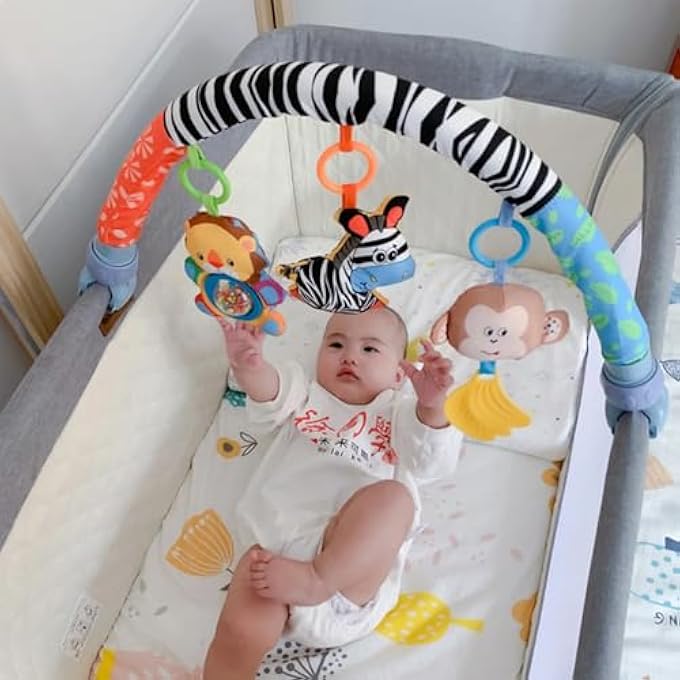 BABY STROLLER TOY BAR| SENSORY HANGING TOYS FOR BABY BOUNCER & STROLLER ARCH| 3PCS SOFT CLOTH ANIMAL ARCH WITH RATTLE, MUSIC BOX & BIBI| INFANT TRAVEL PLAY FOR MOTOR DEVELOPMENT (L70CM,H24CM) - Image 5