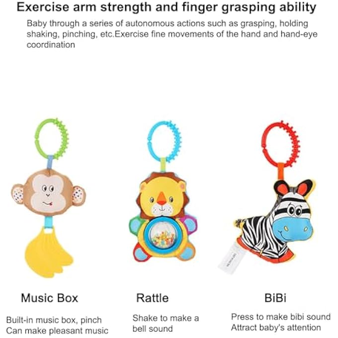 BABY STROLLER TOY BAR| SENSORY HANGING TOYS FOR BABY BOUNCER & STROLLER ARCH| 3PCS SOFT CLOTH ANIMAL ARCH WITH RATTLE, MUSIC BOX & BIBI| INFANT TRAVEL PLAY FOR MOTOR DEVELOPMENT (L70CM,H24CM) - Image 4
