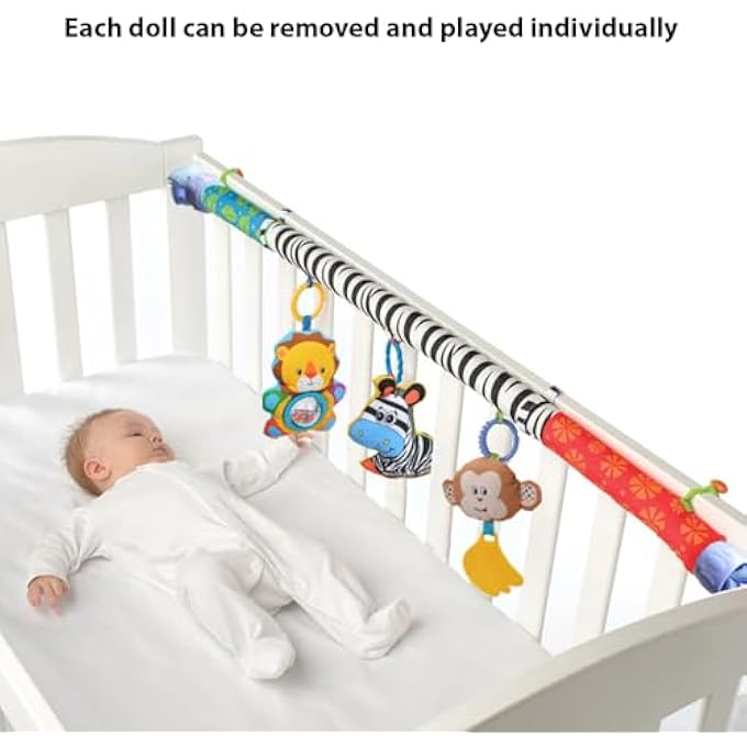 BABY STROLLER TOY BAR| SENSORY HANGING TOYS FOR BABY BOUNCER & STROLLER ARCH| 3PCS SOFT CLOTH ANIMAL ARCH WITH RATTLE, MUSIC BOX & BIBI| INFANT TRAVEL PLAY FOR MOTOR DEVELOPMENT (L70CM,H24CM) - Image 2