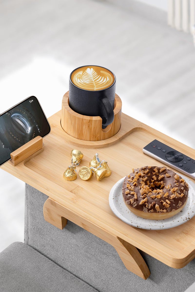 ROCDEER Sofa Arm Tray Bamboo Large Couch Cup Holder Tray Sofa Armrest Portable AntiSpill Beverage Snack Remote Holder