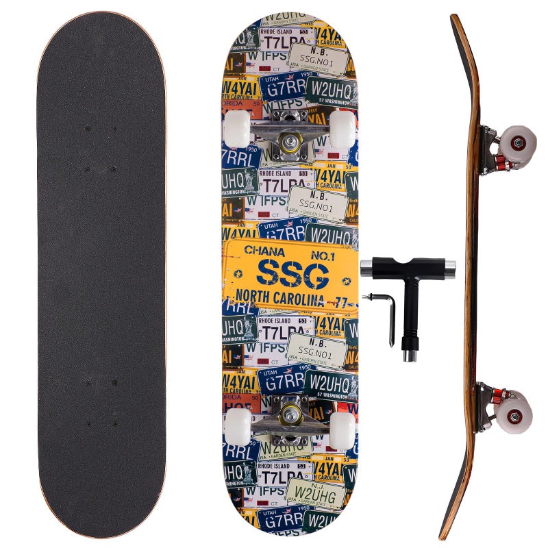 vigvitspo Professional Double Kick Skateboard, 31 inch Maple Deck, ABEC-9 Bearings, 95A PU Wheels, Custom Graphic Design (Plate(T-Tool Includedâ€‹), 31in) - Image 1