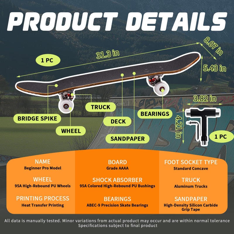 vigvitspo Professional Double Kick Skateboard, 31 inch Maple Deck, ABEC-9 Bearings, 95A PU Wheels, Custom Graphic Design (Plate(T-Tool Includedâ€‹), 31in) - Image 2