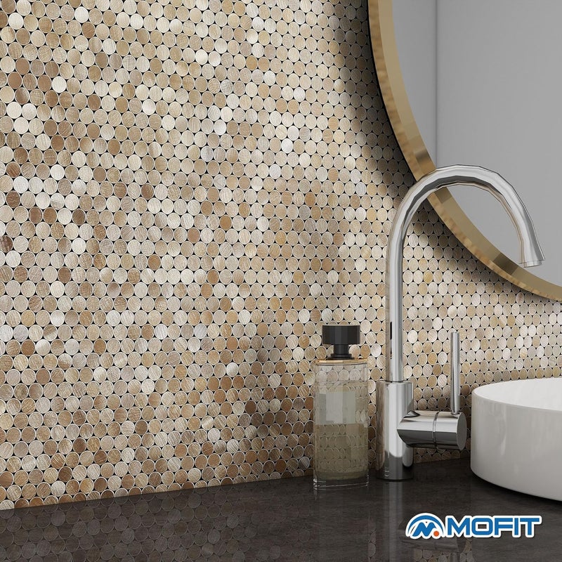 M MOFIT Small Penny Round Peel and Stick Backsplash Tile for Kitchen Wall,Metal Mosaic Tiles Stickers for Bathroom Behind Stove Fireplace (5sheets,Champagne Gold) - Image 3
