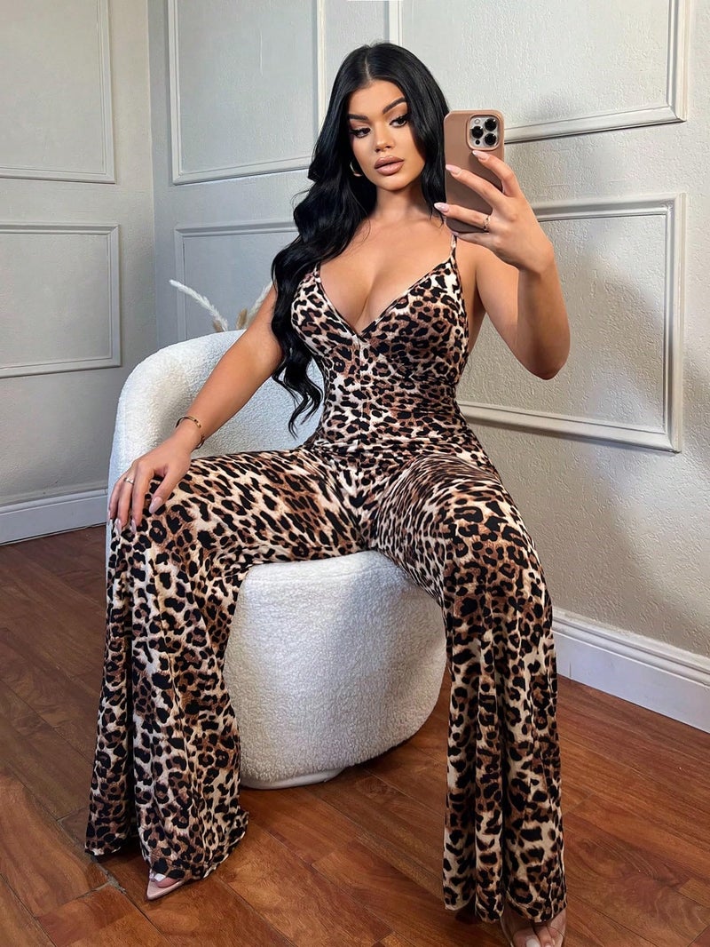 WDIRARA Women's Sexy Wide Leg Night Out Leopard Print Jumpsuits M - Image 4