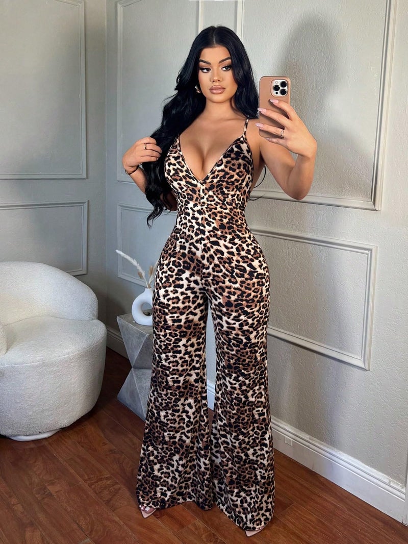 WDIRARA Women's Sexy Wide Leg Night Out Leopard Print Jumpsuits M - Image 5