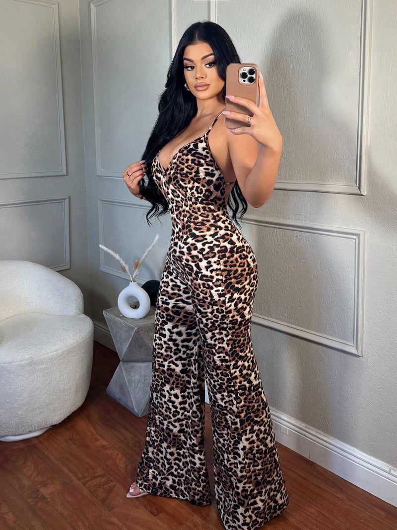 WDIRARA Women's Sexy Wide Leg Night Out Leopard Print Jumpsuits M - Image 3