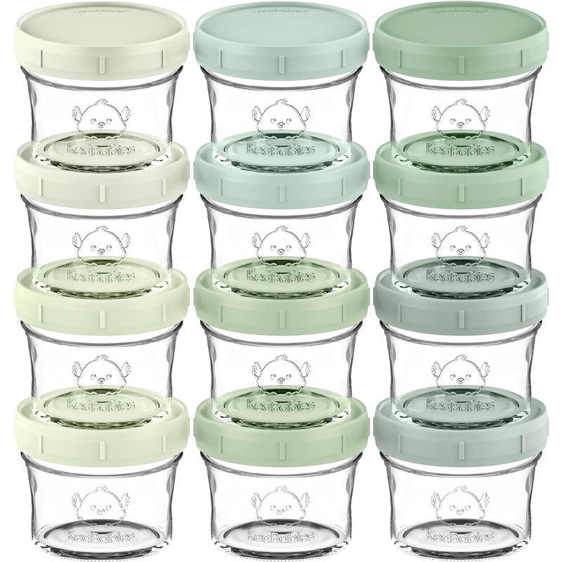 KeaBabies 12pk 4oz Glass Baby Food Containers with Lids - Leak-Proof, Microwavable Small Glass Jars, Baby Purees & Toddler Snack Storage Containers, BPA-Free, Dishwasher & Freezer Safe (Sage) - Image 1