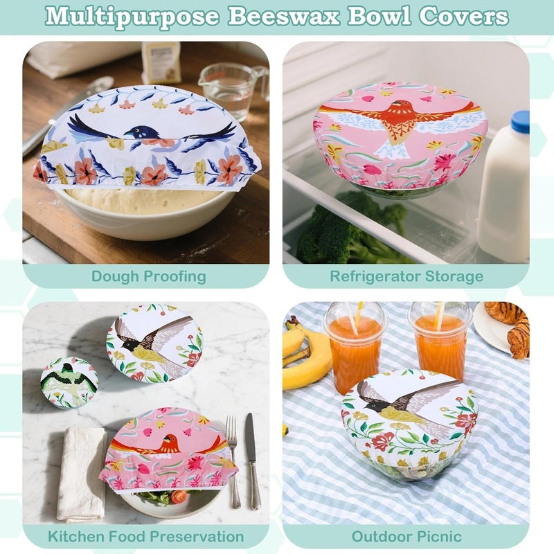 Revahope 5-Size Reusable Beeswax Bowl Covers for Bread Proofing, Cotton Cloth Flexible Beeswax Wraps for Food Storage(Floral Bird) - Image 5