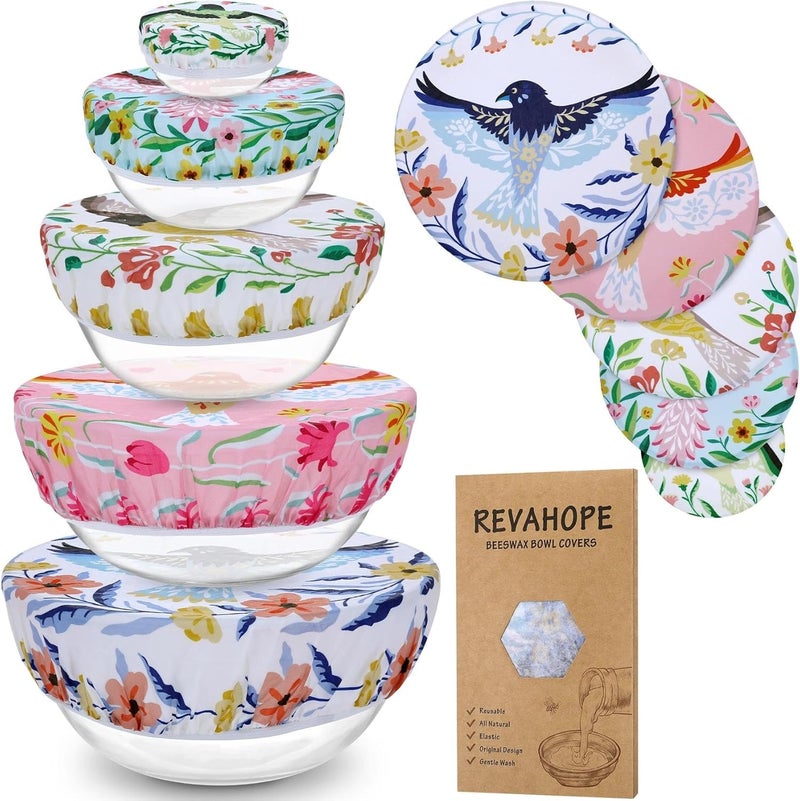 Revahope 5-Size Reusable Beeswax Bowl Covers for Bread Proofing, Cotton Cloth Flexible Beeswax Wraps for Food Storage(Floral Bird) - Image 1