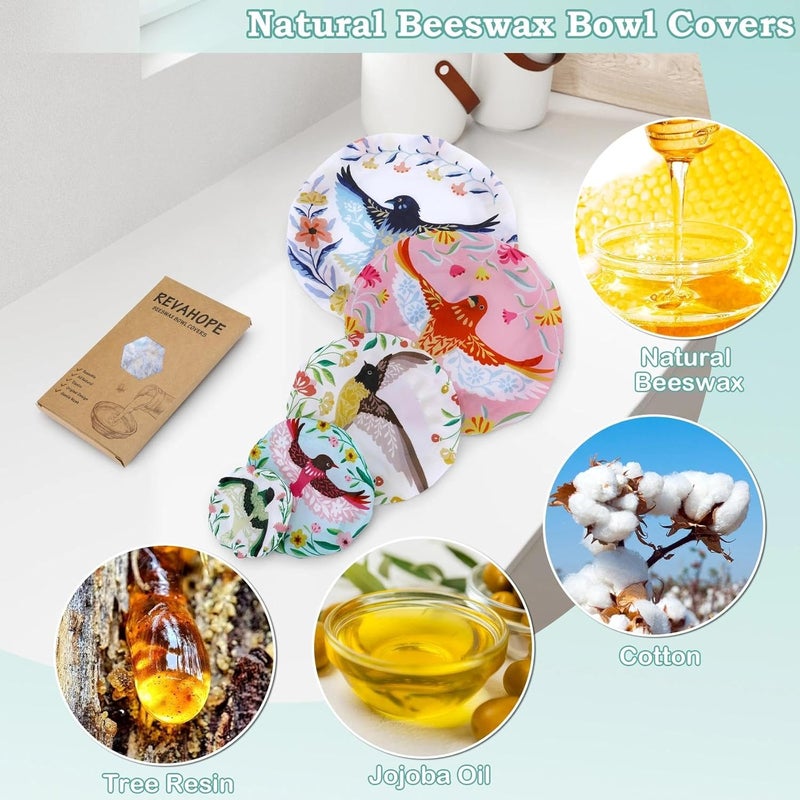 Revahope 5-Size Reusable Beeswax Bowl Covers for Bread Proofing, Cotton Cloth Flexible Beeswax Wraps for Food Storage(Floral Bird) - Image 3