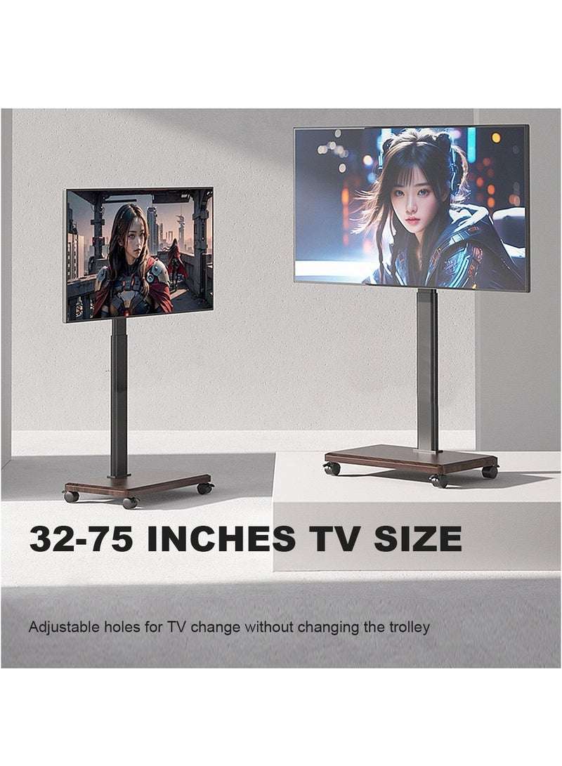 HILLPORT حامل تلفزيون أرضي متنقل لأجهزة التلفزيون مقاس 32 إلى 75 بوصة مع قاعدة تخزين خشبية، عربة متنقلة محمولة بعجلات، مع حامل دوار، حوامل زاوية عالمية لغرفة النوم، للاستخدام الخارجي - Image 2