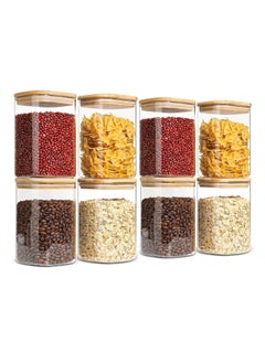 TYCOM Glass Jars Set 500ml, Food Cereal Storage Spice Containers for Home Kitchen, Food Storage Jars With Labels, Marker and Spoons, Square 8 * 10cm 8 Pieces With Wood Lid.  - Image 1