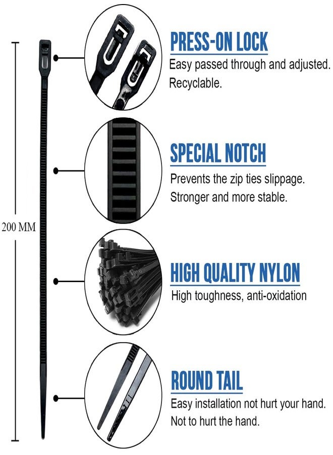 Inovera (Label) Reusable Nylon Self Locking Releasable Cable Zip Tie, Adjustable Cord Ties Heavy Duty Plastic Wire Wraps For Home, Garden, Office, Garage (Black,3.6 X 200Mm, Pack Of 100) - Image 3