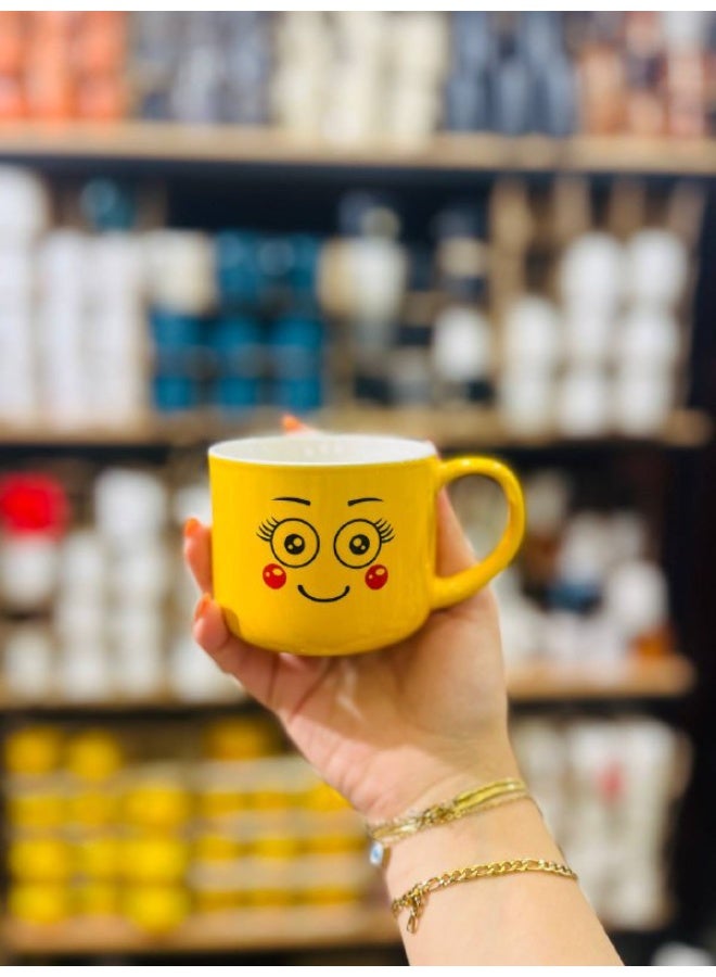 مج بورسلين أصفر مرسوم عليه وجوه إيموجي - Image 3