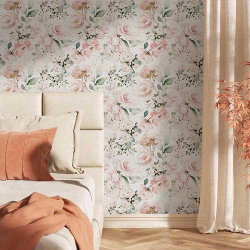 MuralPeel Neutral White/Pink/Green Romantic Rose Peony Peel and Stick Wallpaper Self Adhesive Removable Easy Peel Off Stick on Wall Paper for Bedroom Cabinet Renter - Image 2