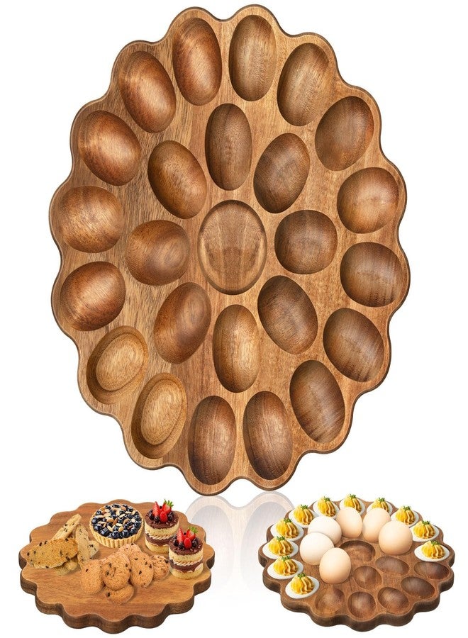 Gosodeny Acacia Wood Deviled Egg Platter 11 Inch 25 Holes Round Deviled Egg Serving Tray Reversible Charcuterie Board Cutting Board Serving Platter Easter Chrismas Thanksgiving Holiday Gatherings - Image 1