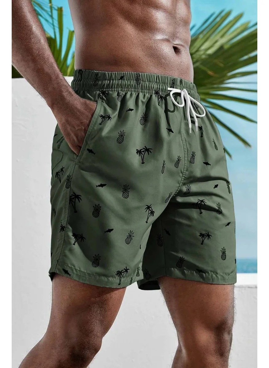 Angelsin Men's Basic Standard Size Pineapple and Palm Printed Swimsuit with Pocket Swim Shorts