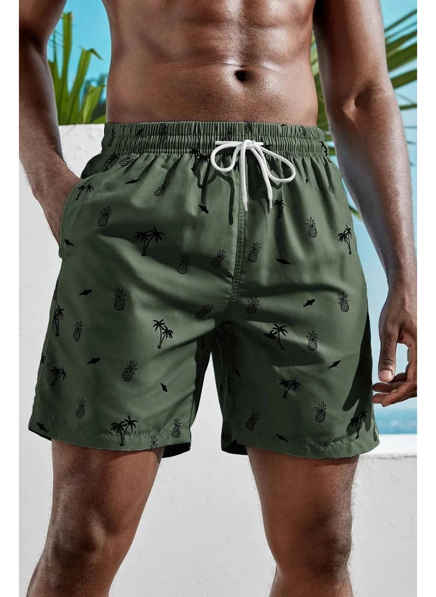 Angelsin Men's Basic Standard Size Pineapple and Palm Printed Swimsuit with Pocket Swim Shorts