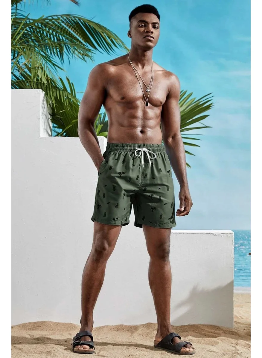 Angelsin Men's Basic Standard Size Pineapple and Palm Printed Swimsuit with Pocket Swim Shorts