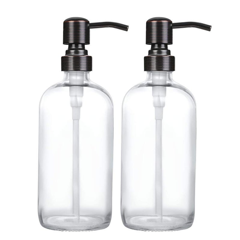 CHBJDAN 2 Pack Thick Clear Glass Boston Round Bottles Oil Rubbed Bronze Stainless Steel Pumps 16 Ounce Jar Soap Dispenser with Rustproof Pump for Essential Oil Liquid Soap
