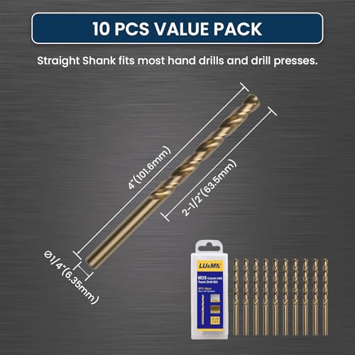 LU&MN M35 Cobalt HSS Jobber Length Twist Drill Bit with Straight Shank, Heavy Duty, Drilling for Cast Iron, Heat-Treated Steel, Stainless Steel and Other Hard Materials, 10 pcs, 1/4" - Image 2
