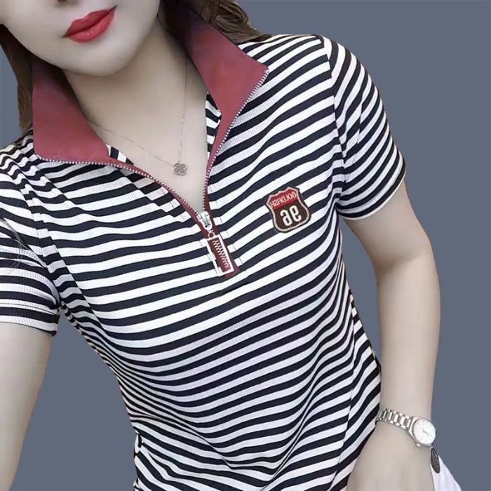 [Collar] Summer Short-sleeved T-shirt Womens Zipper Top Fashion All-match Lapel T-shirt plus size Middle-aged Mother Small embroidered red collar