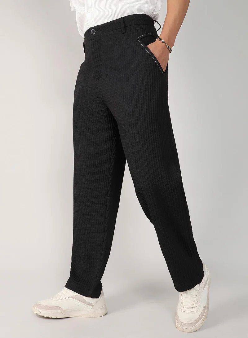 Campus Sutra Men's Onyx Black Textured Graph Check Trousers