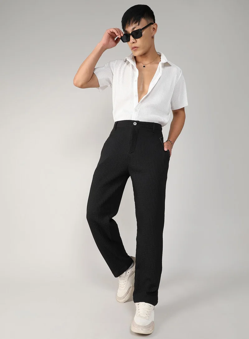 Campus Sutra Men's Onyx Black Textured Graph Check Trousers