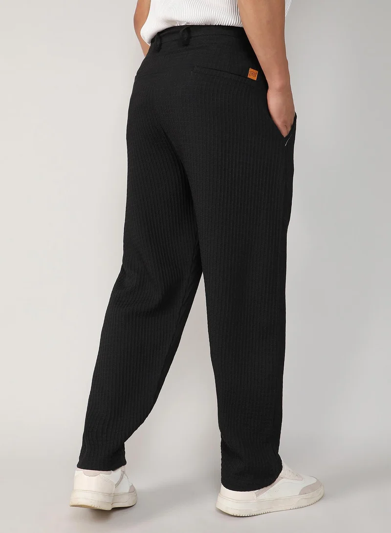 Campus Sutra Men's Onyx Black Textured Graph Check Trousers
