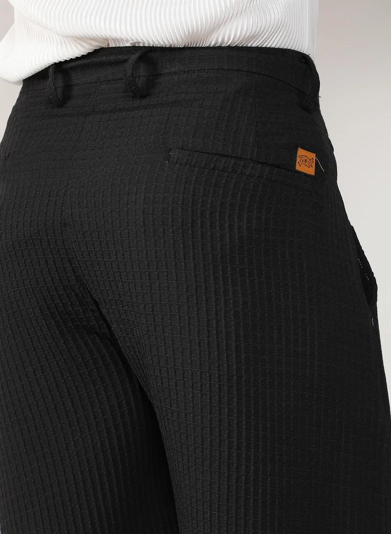 Campus Sutra Men's Onyx Black Textured Graph Check Trousers