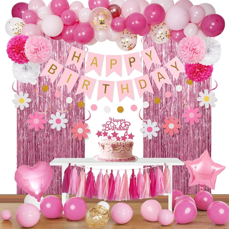 YGBMDZ Pink Red Happy Birthday Party Decorations kits for Girls Women with Happy Birthday Banner Fringe CurtainFoil BalloonsTissue PompomsDots GarlandTassels GarlandCake Topper for birthday decorpink - Image 2
