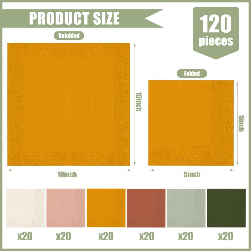 Whaline 120 Sheet Modern Boho Cocktail Napkin 6 Colors Paper Napkins 2 Ply Sage Green Pink Orange Brown Disposable Dinner Napkins for Celebration Gathering Table Decorations - Image 2