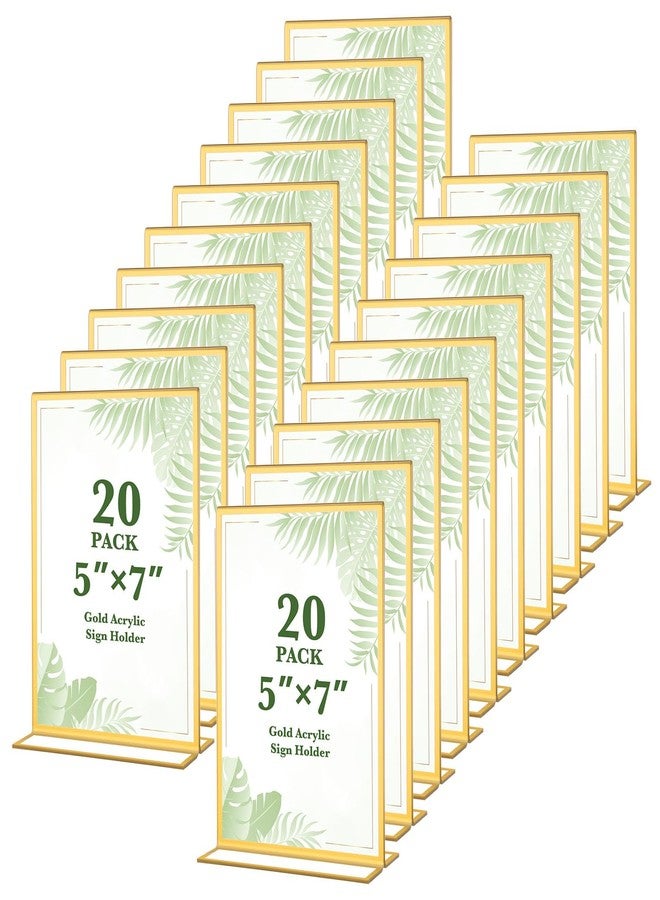 Alffun 20 Pack Gold Acrylic Sign Holders 5x7 Inch, Double Sided Vertical Stand Clear Picture Frames, Table Menu Display Holders for Wedding Table Numbers, Restaurant Signs, Event and Office Photos - Image 1