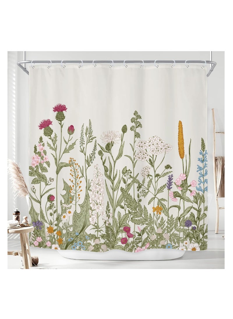 Riyidecor Wildflower Botanical Shower Curtain for Bathroom Decor 72Wx72H Inch Floral Flower Plant Herbs Sage Green Leaves Decorative Bath Set Bathroom Accessories Fabric Waterproof 12 Pack Hooks 01green - Image 1
