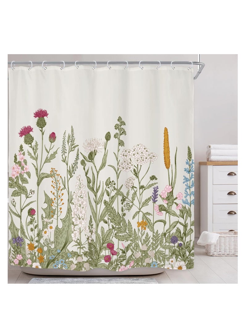 Riyidecor Wildflower Botanical Shower Curtain for Bathroom Decor 72Wx72H Inch Floral Flower Plant Herbs Sage Green Leaves Decorative Bath Set Bathroom Accessories Fabric Waterproof 12 Pack Hooks 01green - Image 3