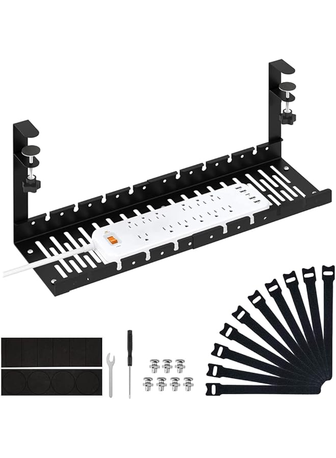 PROMASS Under Desk Cable Management Tray, Adjustable cable organizer, Under Desk Cord Organizer with Clamp Mount System for Wire Management, Metal Wire Cable Holder for Desks, Offices, No Need to Drill Holes