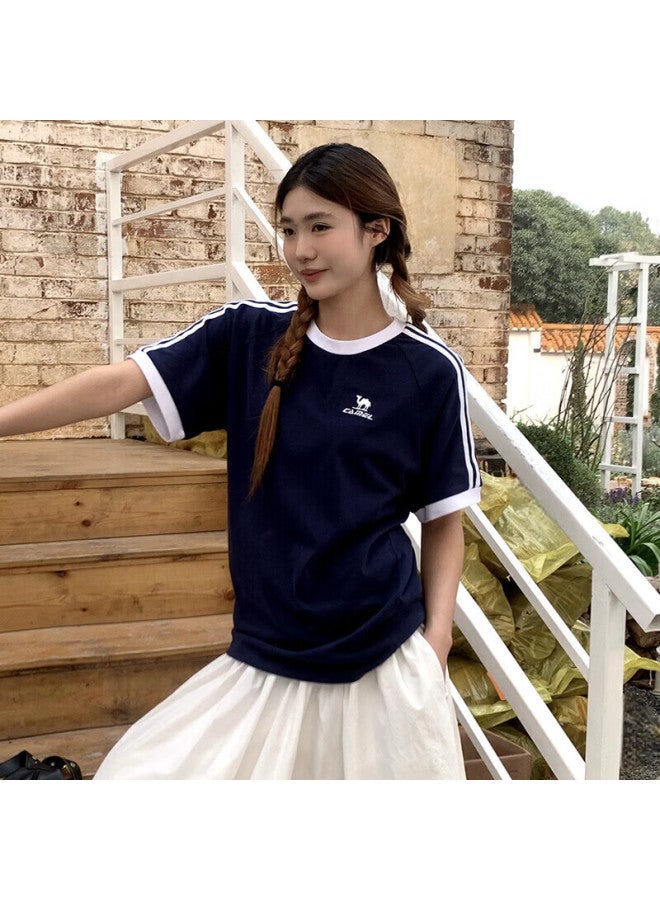 Camel Dilireba Style Pure Soft Cotton Oversized Uni Short Sleeve T-shirt C36baxln090a Dark Blue M - Image 3