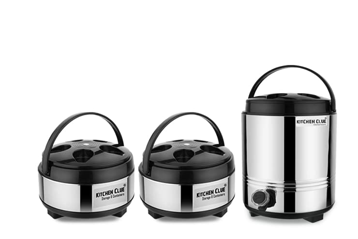 KITCHEN CLUE Stainless Steel insulated Water Jug 5 Liter And 2 Hot-Pot Box Casserole Food Warmer (Aqua-6 + Casserole 3500) Thermoware Combo Set Of 3 pcs - Thermosteel PUF insulated - Easy Carry Handle - Image 1