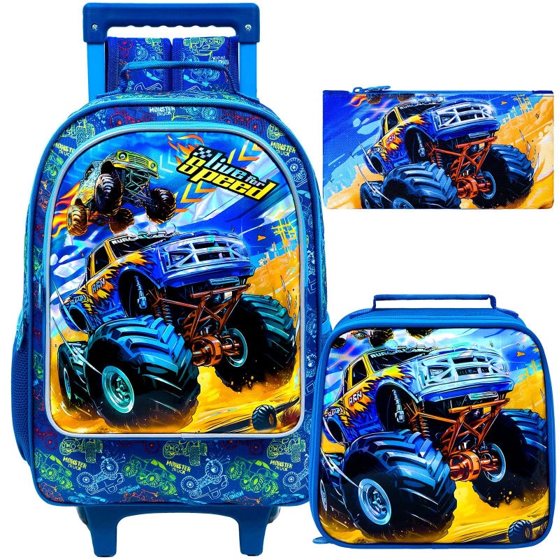 UFNDC 4PCS Rolling Backpack for Boys, Cute Kids Truck Wheeled Bookbagï¼ŒRoller School Bag with Wheels for Elementary Preschool Travel - Image 1