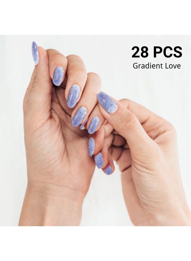 DUKASOU Semi Cured Gel Nail Strips, 28pcs Gradient Love Gel Nail Strips (UV Need), Gel Nail Stickers Full Nail Wraps for Women Girls Kids DIY Gift, Include Prep Pads, Nail File&Wood Stick - Image 2