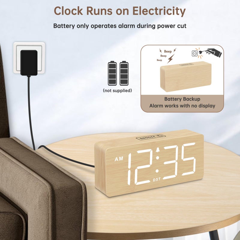 DreamSky Wooden Digital Alarm Clock for Bedroom - Desk Clocks for Living Room with Large Numbers, Dimmer, Loud Alarm for Heavy Sleepers with Volume Control, DST, Office Wood Decor (Plug in Clock) - Image 2