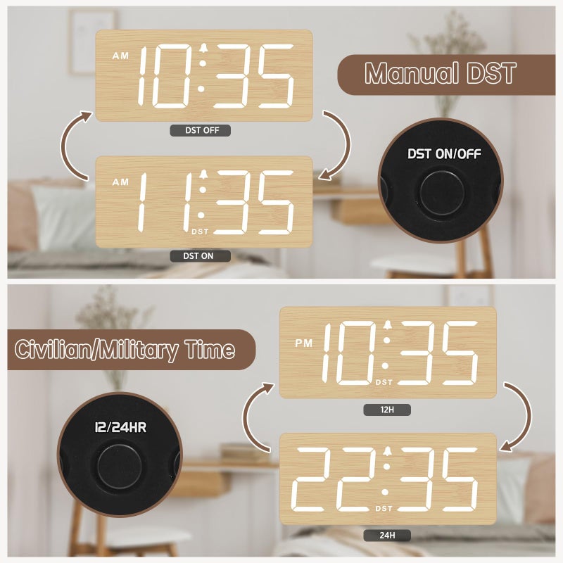 DreamSky Wooden Digital Alarm Clock for Bedroom - Desk Clocks for Living Room with Large Numbers, Dimmer, Loud Alarm for Heavy Sleepers with Volume Control, DST, Office Wood Decor (Plug in Clock) - Image 5