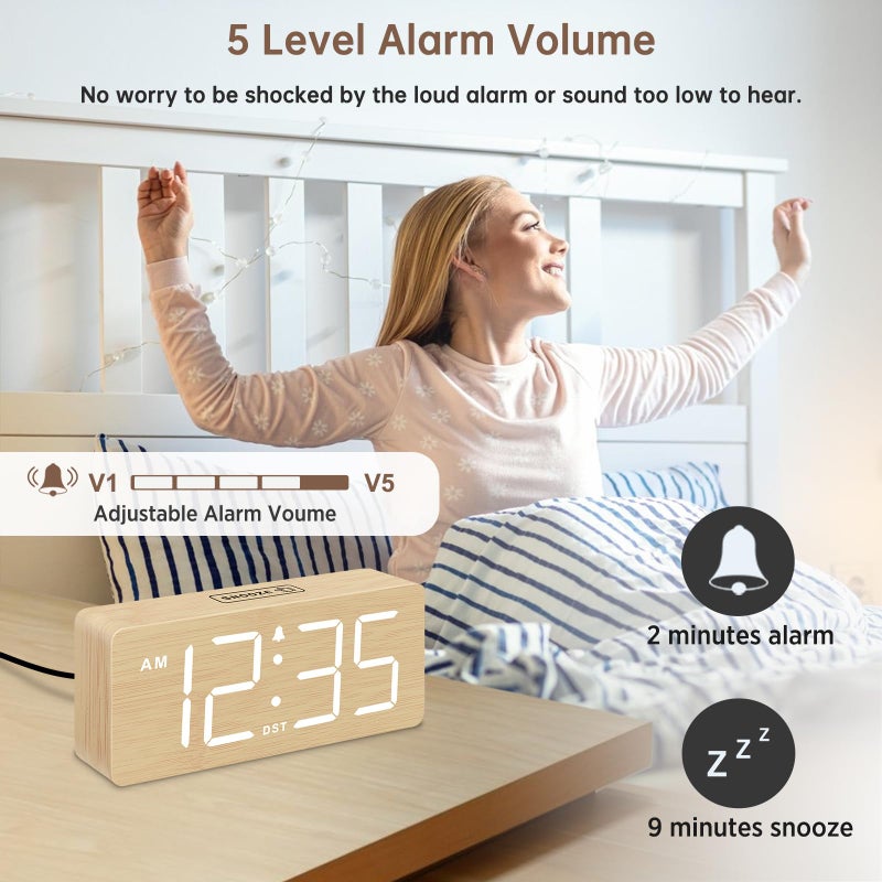 DreamSky Wooden Digital Alarm Clock for Bedroom - Desk Clocks for Living Room with Large Numbers, Dimmer, Loud Alarm for Heavy Sleepers with Volume Control, DST, Office Wood Decor (Plug in Clock) - Image 3