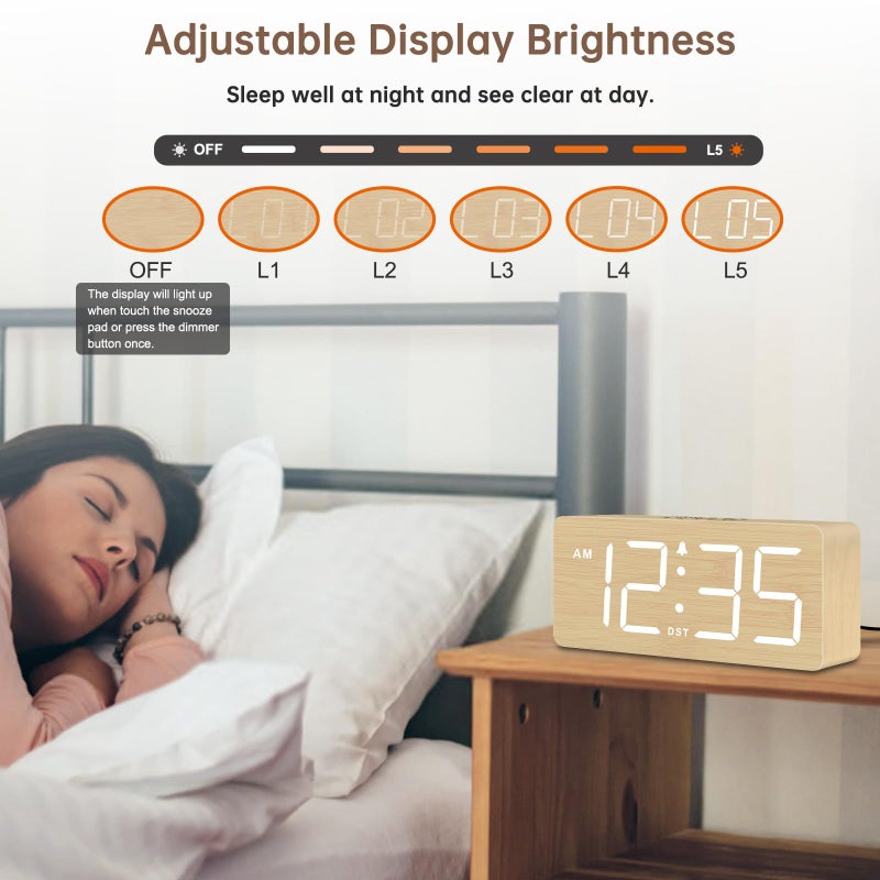 DreamSky Wooden Digital Alarm Clock for Bedroom - Desk Clocks for Living Room with Large Numbers, Dimmer, Loud Alarm for Heavy Sleepers with Volume Control, DST, Office Wood Decor (Plug in Clock) - Image 4