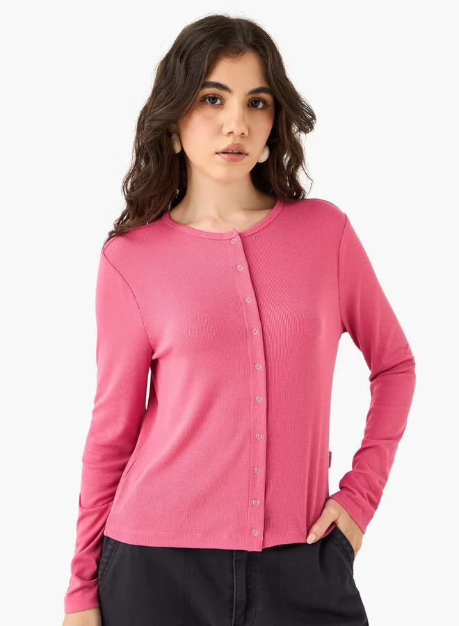 Lee Cooper Ribbed Cotton T-shirt with Button Closure and Full Sleeves