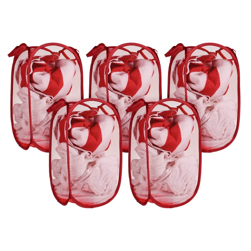Kuber Industries Laundry Basket | Net Foldable Laundry | Nylon Storage Basket with Handle | Clothes Basket for Home | Hostel | Toy Storage | 20 Liter | Pack of 5 | Red - Image 1