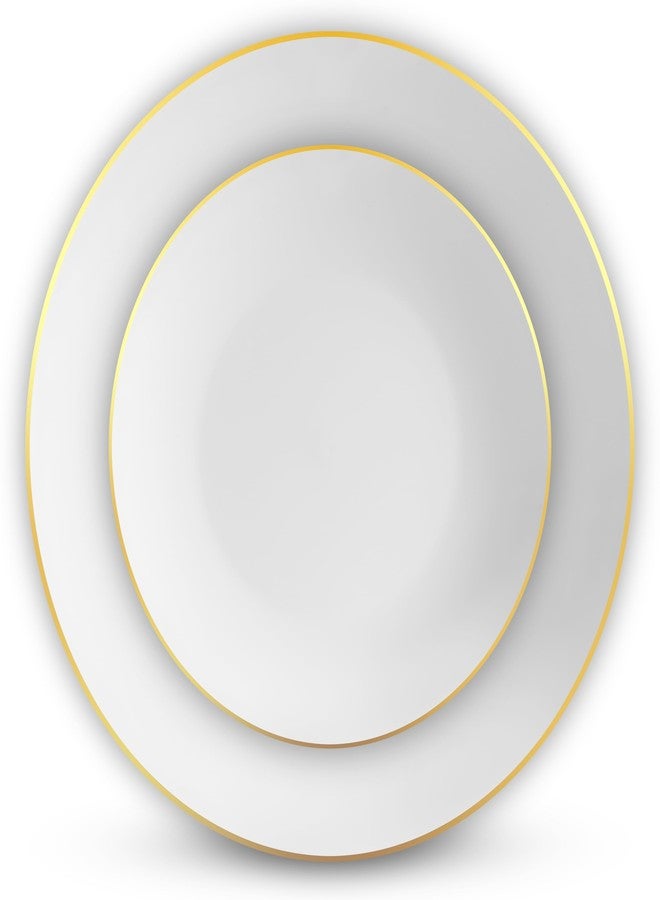 Munfix 100 Gold Plastic Plates Set, 50 Pcs 10.25 Inch Disposable Dinner and 50 Pcs 7.5 Inch Dessert Plates, Elegant Fancy Heavy Duty for Party, Wedding, White with Gold Rim - Image 2