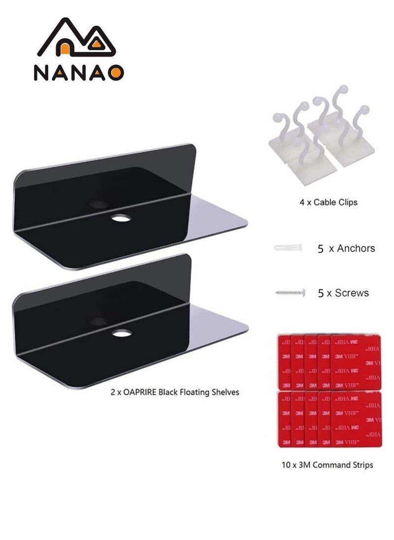 NANAO - 2-Piece Acrylic Floating Shelves Wall Mounted With 10-Piece Strong Tapesl  , Small Display Shelf for Smart Speaker, Universal Small Wall Shelf with Cable Clips, Home Floating Shelves for Wall Hanging,Hanging Shelf Wall Organizers for Home (Black) - Image 1
