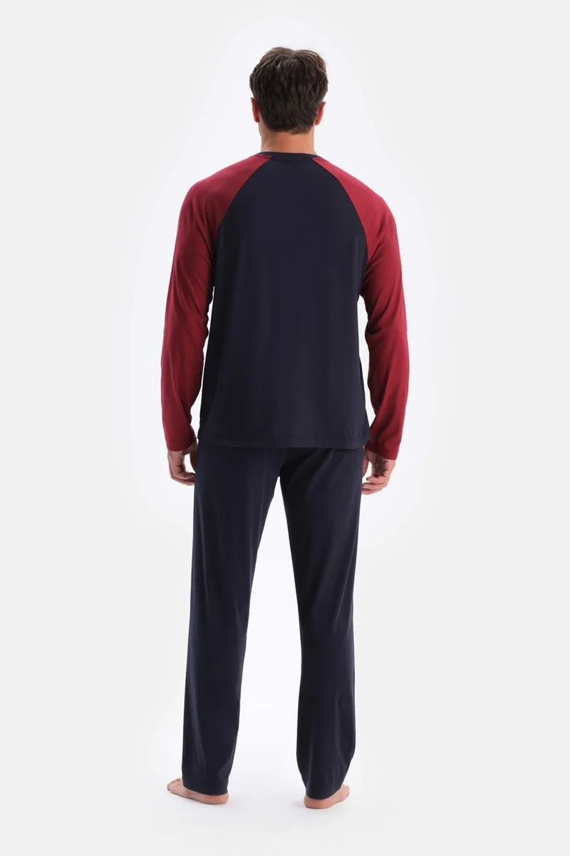 داجي Navy Blue Raglan Sleeve Garnished Cotton Modal Pajama Set